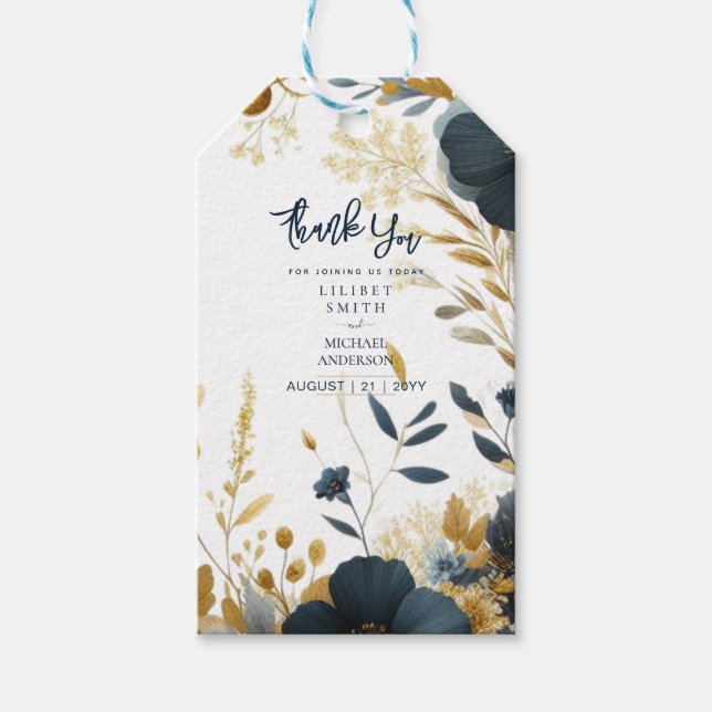 Étiquettes-cadeau BALISE CADEAU mariage | Marine Jaune Or Floral Élé (Devant)