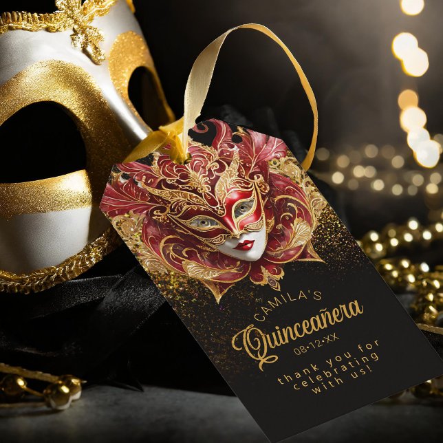 Étiquettes-cadeau Balise cadeau Masquerade Quinceanera Red Gold V2 I (Créateur téléchargé)