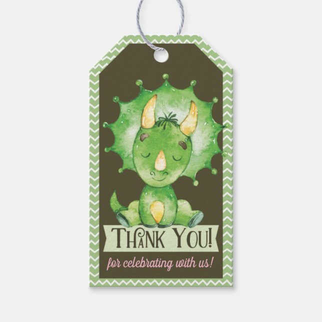 Étiquettes-cadeau Balise cadeau Merci Baby shower Dinosaur Vert (Devant)