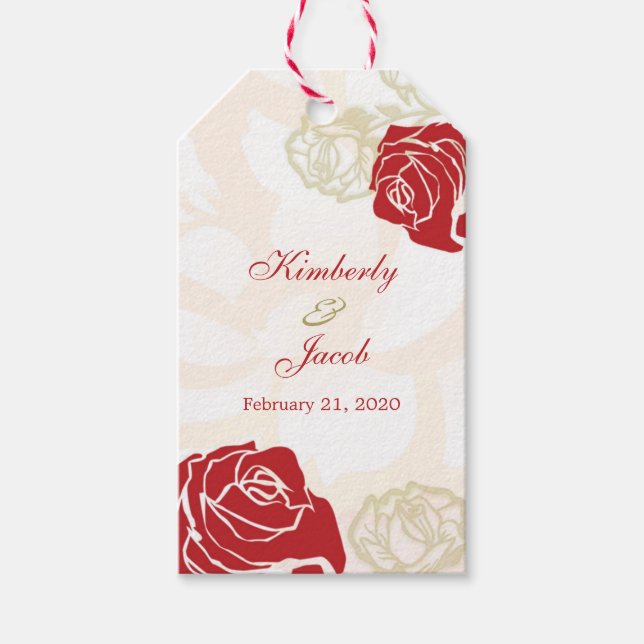 Étiquettes-cadeau Balise cadeau Merci Mariage rose rouge et or (Devant)