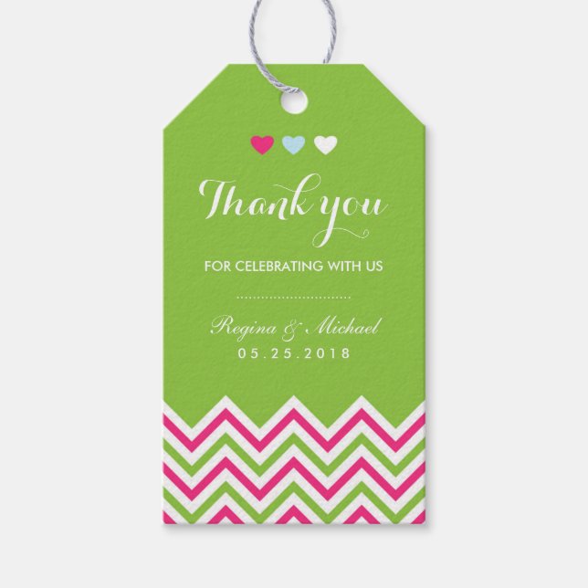 Étiquettes-cadeau Balise cadeau Motif rose et vert Mariage Chevron (Devant)
