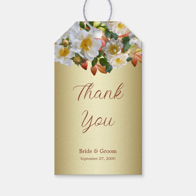 Étiquettes-cadeau Balise cadeau or floral Roses blanches (Devant)