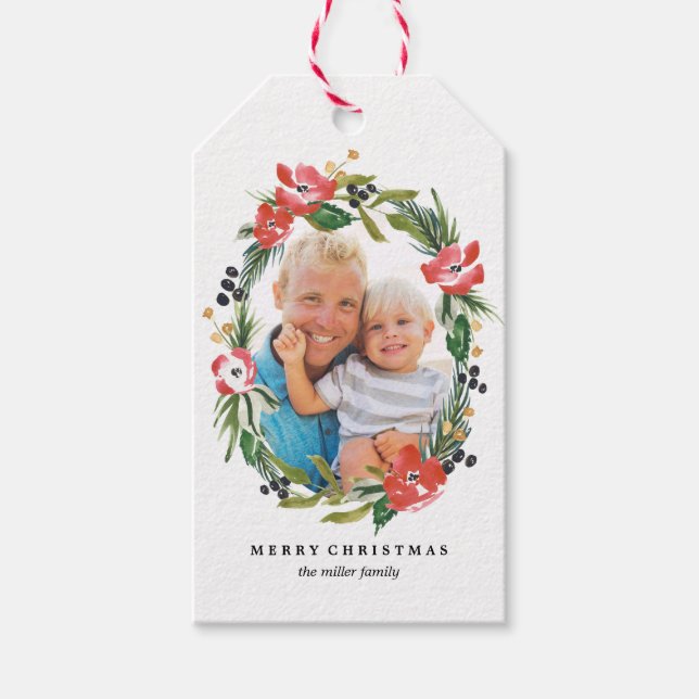 Étiquettes-cadeau Balise cadeau photo couleur aquarelle florale oval (Devant)