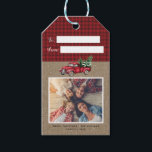 Étiquettes-cadeau Balise cadeau photo vintage Red Christmas Truck Tr<br><div class="desc">Tag-cadeau vintage Red Truck Tree 2 Photo- L'autocollant rustique de Noël adorable comprend 2 de vos photos préférées, un camion de Noël rouge vintage, transportant 2 arbres de Noël fraîchement coupés. Texte modifiable : Joyeux Noël avec votre nom de famille et votre année. Conçu par Beverly Bainbridge Magnolia & Thistle...</div>