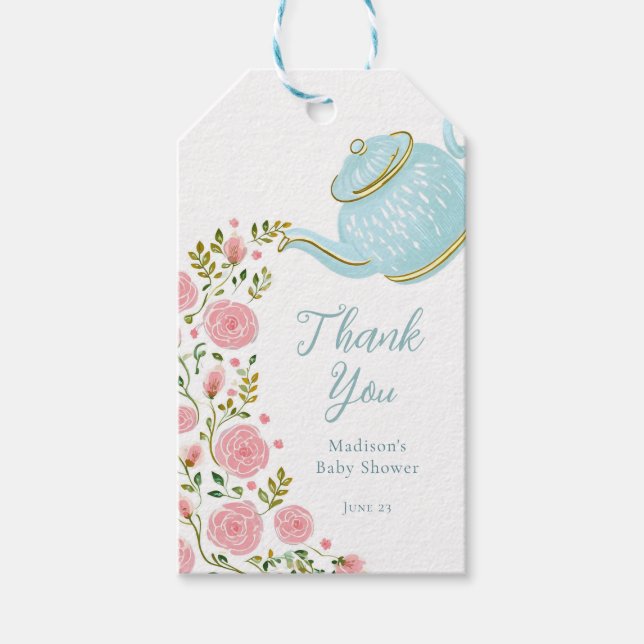 Étiquettes-cadeau Balise cadeau Pot thé rose Roses Aqua (Devant)