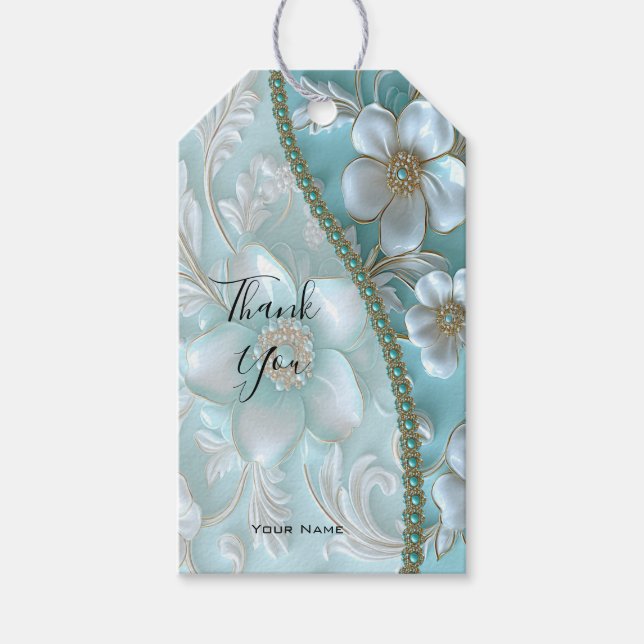Étiquettes-cadeau Balise cadeau turquoise blanc floral (Devant)
