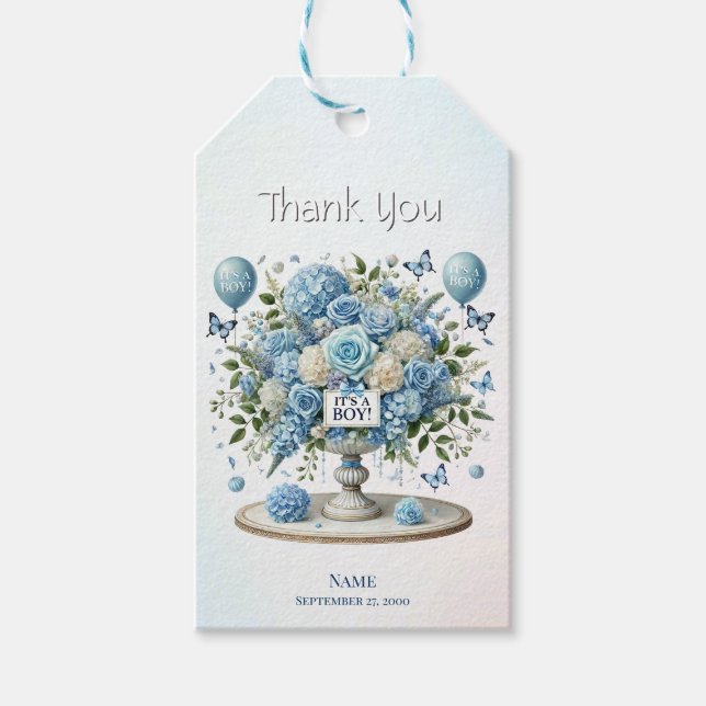 Étiquettes-cadeau Balise cadeau Vase Floral Blanc Bleu (Devant)