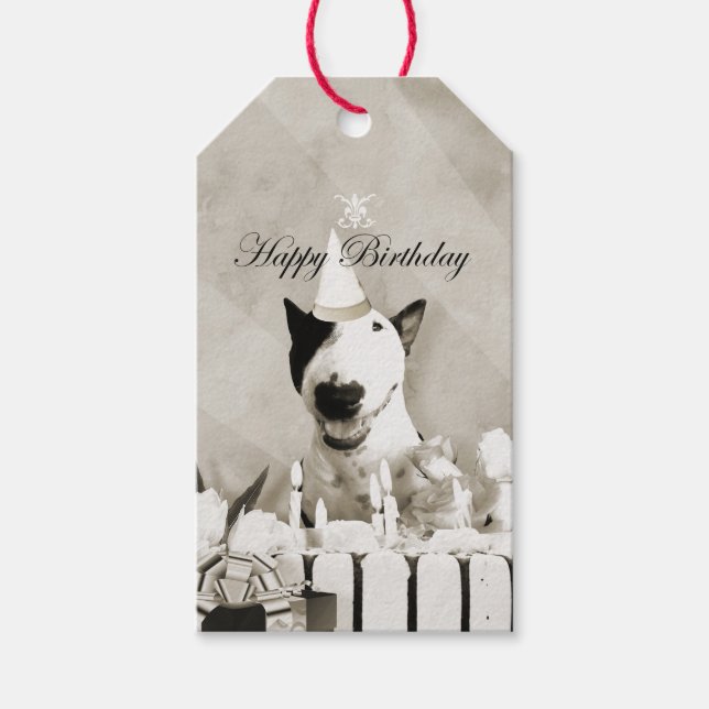 Étiquettes-cadeau Balise cadeau vintage Bull Terrier "Joyeux anniver (Devant)