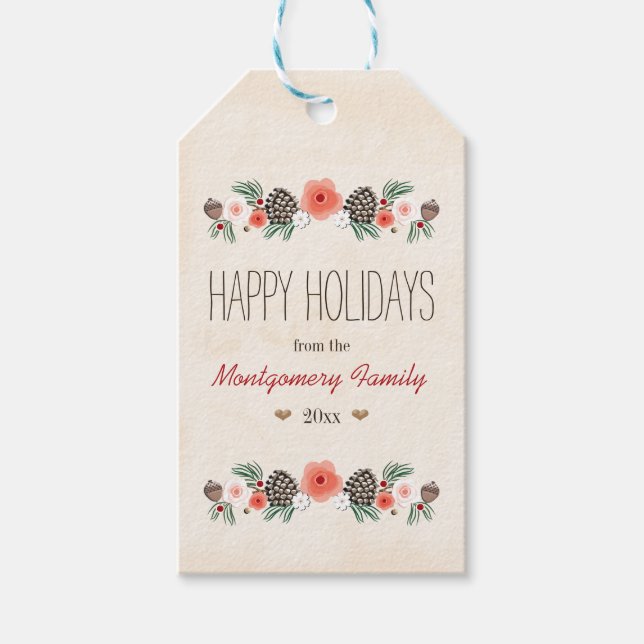 Étiquettes-cadeau Balise cadeau vintage Floral Pinecone Happy Holida (Devant)