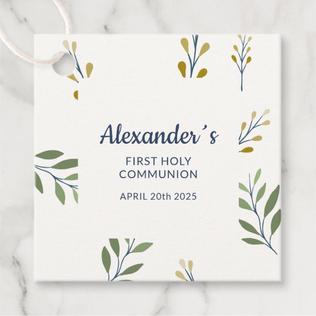 Étiquettes Cadeau Balise carré - Motif botanique communion personnal (Devant)