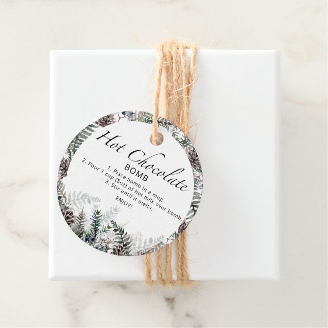 Étiquettes Cadeau Balise chocolat chaud. Bombe de cacao chaud d'hive (En situation)