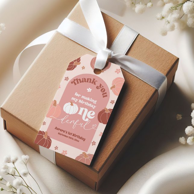 Étiquettes-cadeau Balise Citrouille rose rétro 1er anniversaire Merc (Créateur téléchargé)