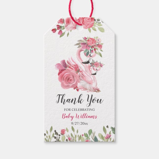 Étiquettes-cadeau Balise Cygne rose et Merci Baby shower Rose (Devant)