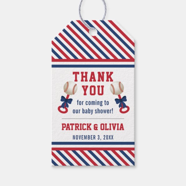 Étiquettes-cadeau Balise de Baby shower de baseball Favoriser, Bleu, (Devant)