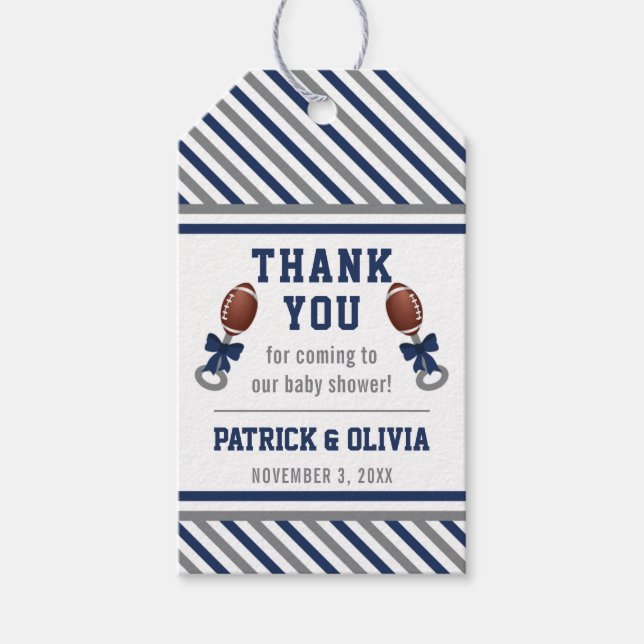 Étiquettes-cadeau Balise de Baby shower de football, Bleu, Gris (Devant)