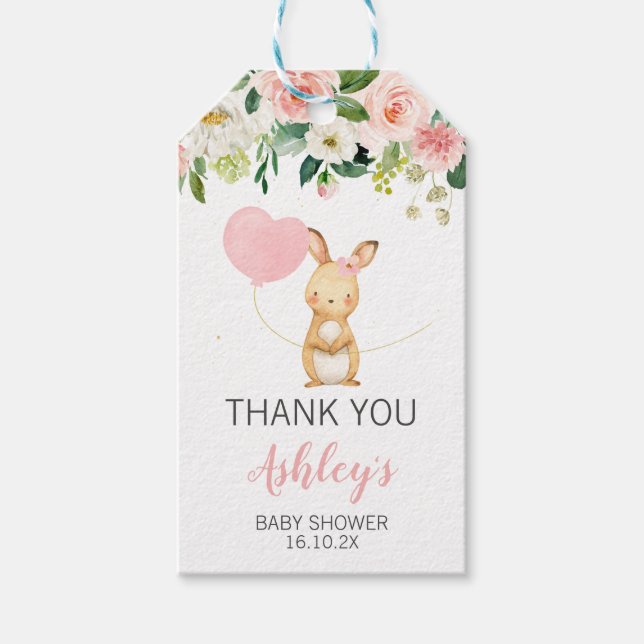 Étiquettes-cadeau Balise de Baby shower de lapin rose floral Favoris (Devant)