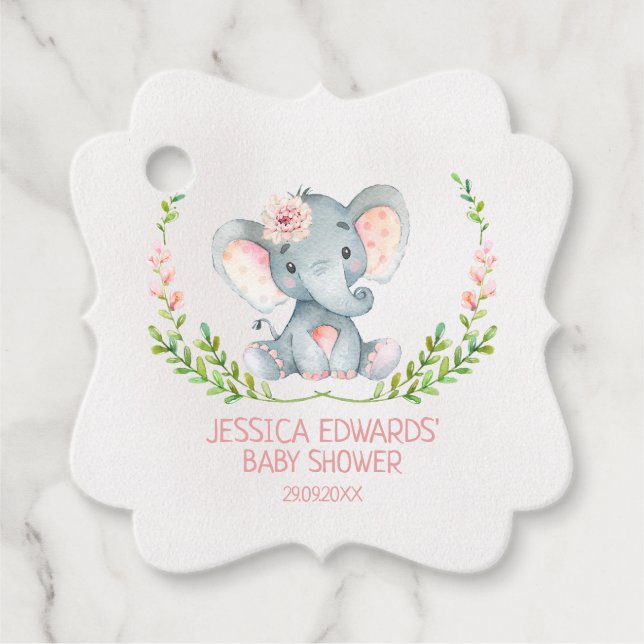 Étiquettes Cadeau Balise de baby shower d'éléphant de fille fantaisi (Devant)