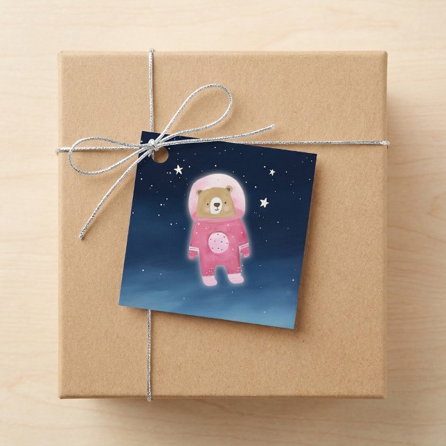 Étiquettes Cadeau Balise de Baby shower spatial de l'ours rose (Pink Astronaut Bear Space Baby Shower Favor Tag)