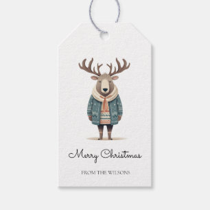 Étiquettes-cadeau Balise de cadeau Scandi Reindeer portant un mantea