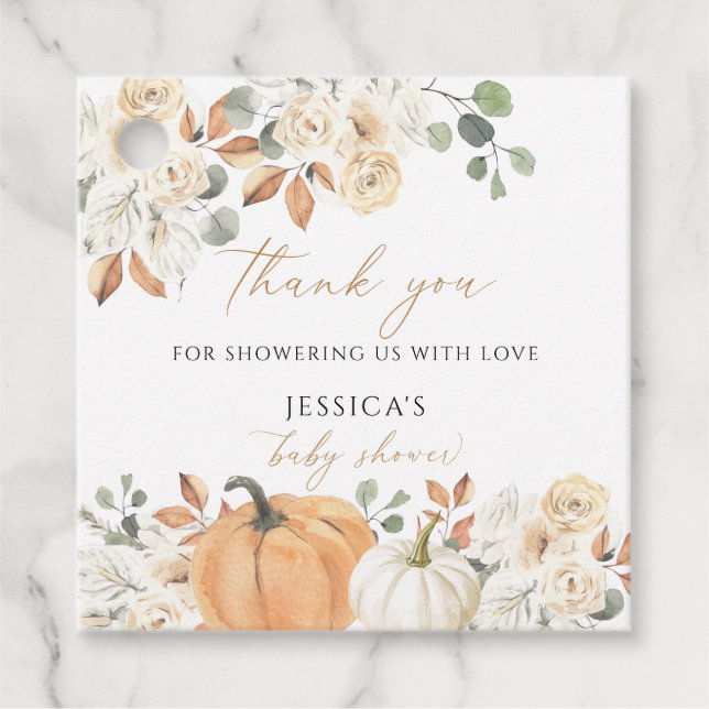 Étiquettes Cadeau Balise de faveur du carré du baby shower d'automne (Devant)