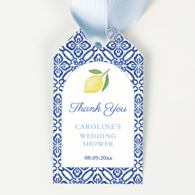 Étiquettes-cadeau Balise de Fête des mariées de citron simple et élé (Amalfi Lemons Bridal Shower Favor tags featuring modern arch and blue and white tile print detail)