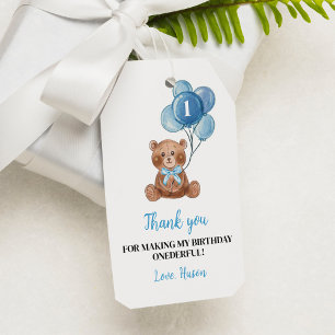 Étiquettes-cadeau Balise de Merci Blue Teddy Bear 1er anniversaire