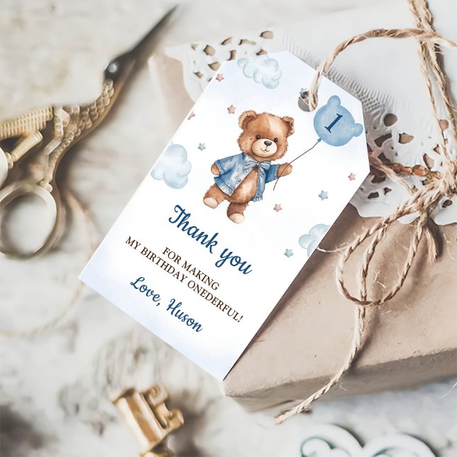 Étiquettes-cadeau Balise de Merci Blue Teddy Bear 1er anniversaire (Créateur téléchargé)