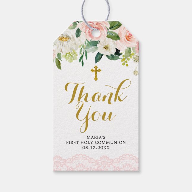 Étiquettes-cadeau Balise de Merci de la première communion rose flor (Devant)