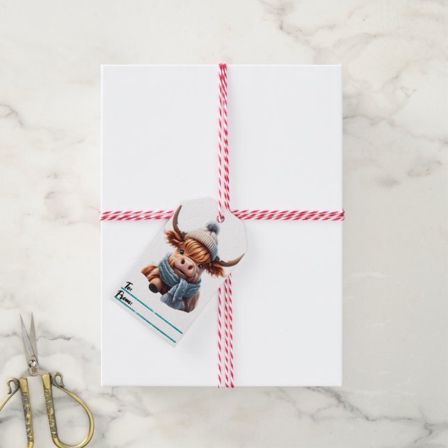 Étiquettes-cadeau Balise de Noël de charme avec vache douillette (Avec de la ficelle)