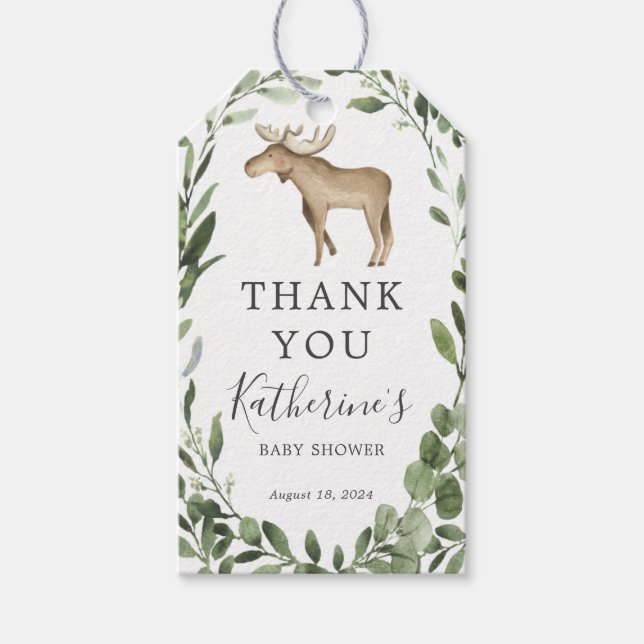 Étiquettes-cadeau Balise de préférence Baby shower d'orignal de bûch (Devant)