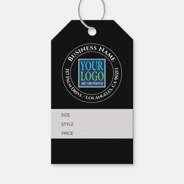 Étiquettes-cadeau Balise de prix noir/gris, nom de l'entreprise, log (Devant)