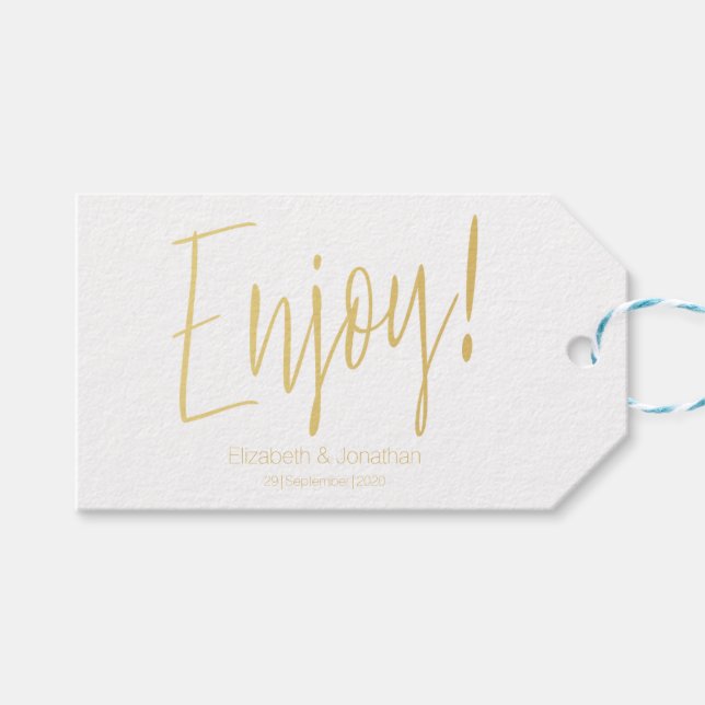 Étiquettes-cadeau Balise "Enjoy" Gold Calligraphy Wedding Favor (Devant (Horizontal))