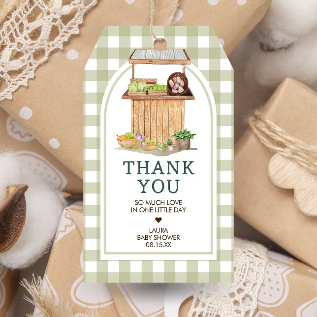 Étiquettes-cadeau Balise Farmers de Baby shower cultivé localement F (Green Farmers Market Locally Grown Baby Shower Favor Tags)