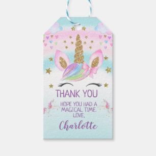 Étiquettes-cadeau Balise Faux Gold Unicorn Rainbow Birthday Merci