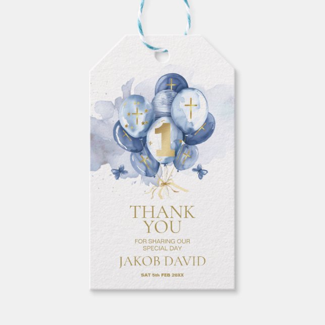 Étiquettes-cadeau Balise Garçons 1er Anniversaire & Baptême Merci Fa (Devant)