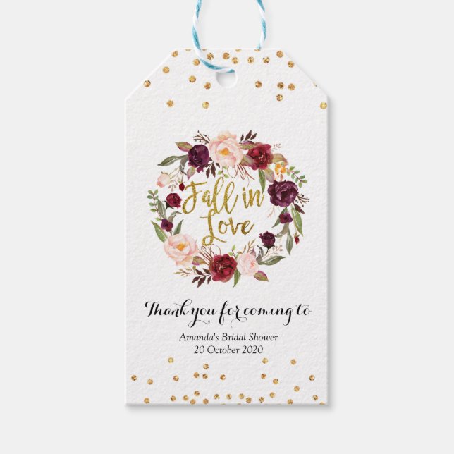 Étiquettes-cadeau Balise Gold and Red Marsala Floral Fall in Love Fa (Devant)