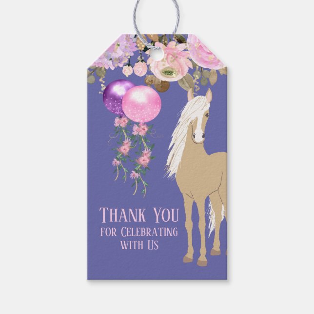 Étiquettes-cadeau Balise Joli Cheval Floral Périwinkle Anniversaire  (Devant)