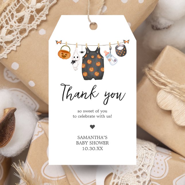 Étiquettes-cadeau Balise Little Boo Citrouille Halloween Baby shower (Little Boo Pumpkin Clothesline Halloween Baby Shower Favor Tags)