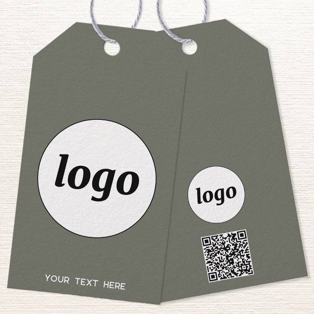 Étiquettes-cadeau Balise Logo QR Code Texte Entreprise Prix du produ (Logo with QR code and custom text business promotional sage green product or price tags)