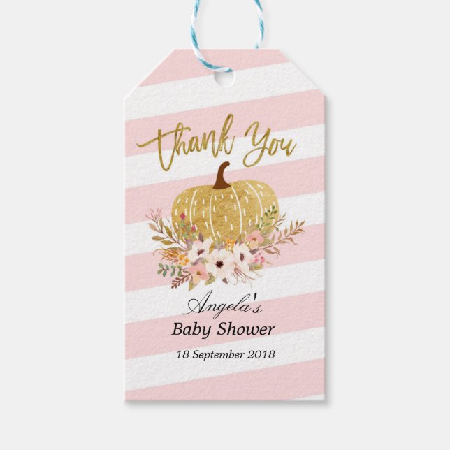 Étiquettes-cadeau Balise Merci Citrouille rose et or (Devant)