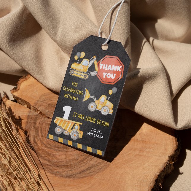 Étiquettes-cadeau Balise Merci d'anniversaire des camions de constru (Créateur téléchargé)