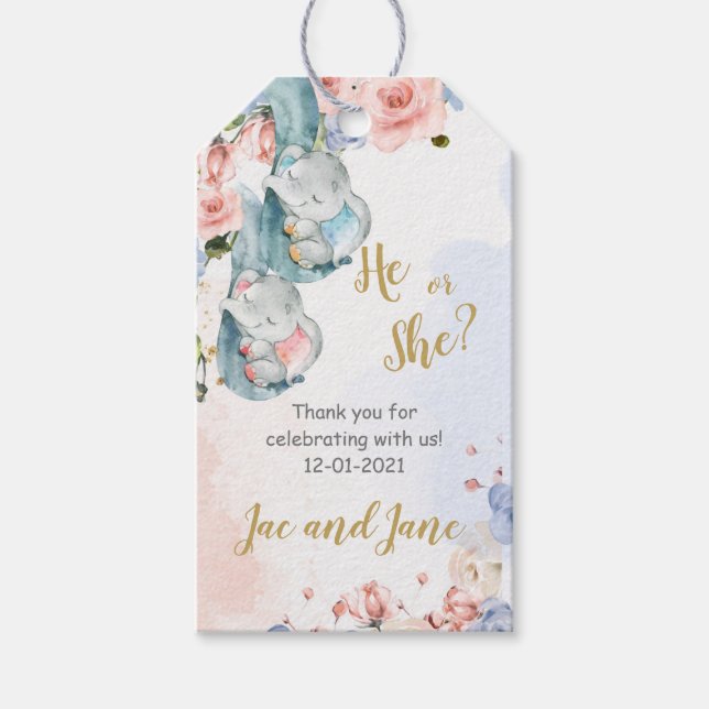 Étiquettes-cadeau Balise Merci de révélation de genre éléphant (Devant)