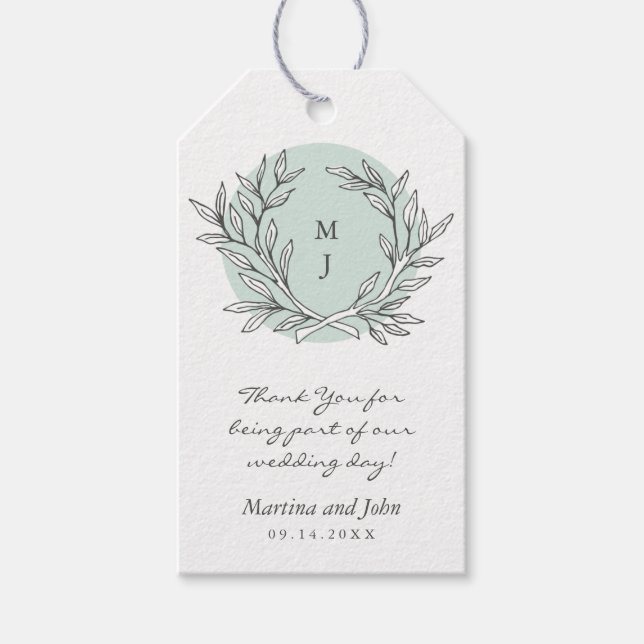 Étiquettes-cadeau Balise Mint Rustic Monogram Wreath Wedding Favor (Devant)