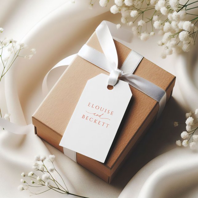 Étiquettes-cadeau Balise Moderne Blanc Orange Typographie Mariage Fa (Créateur téléchargé)