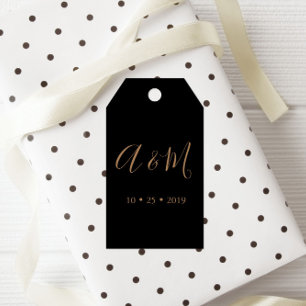 Étiquettes-cadeau Balise Noir Or Élégant Monogramme Mariage Favor