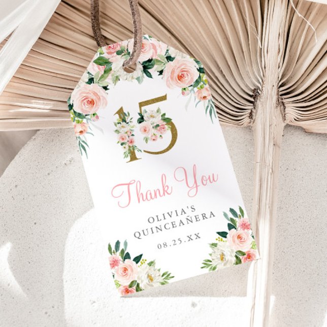Étiquettes-cadeau Balise rose Floral Quinceañera Favor Merci Mis 15 (Créateur téléchargé)