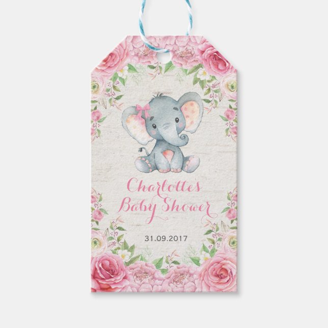 Étiquettes-cadeau Balise Rose Roses Girl Elephant Baby shower Favori (Devant)