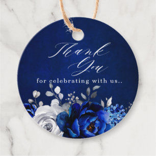 Étiquettes Cadeau Balise Royal Bleu Blanc Argent Floral Merci Favori