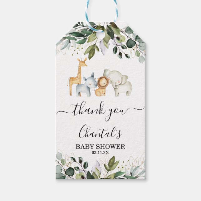 Étiquettes-cadeau Balise Safari Foliage Sexe Baby shower neutre (Devant)