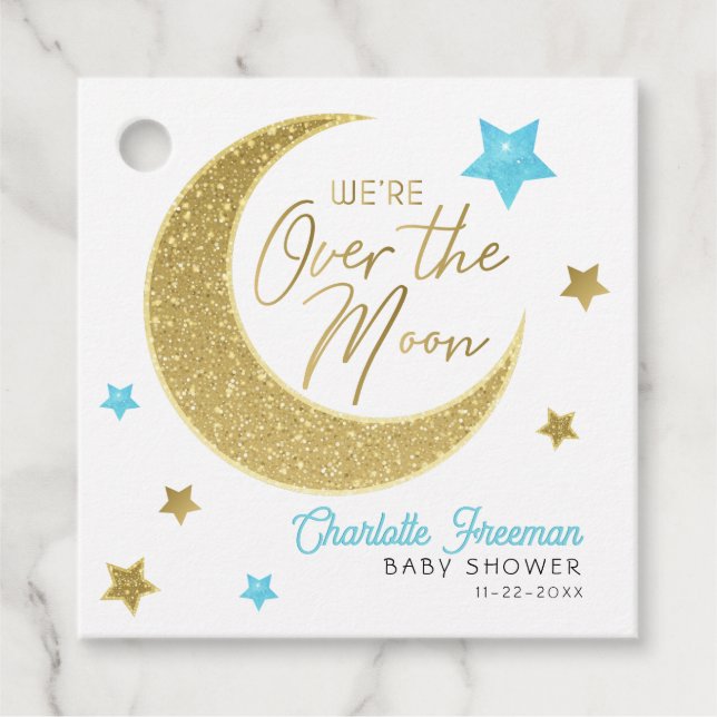 Étiquettes Cadeau Balise sur la lune Gold & Blue Baby shower Favor (Devant)